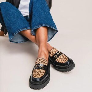 Leopard Print Chunky Loafers – Women’s Platform Slip-On Shoes | Black Leather with Gold Bit | Handmade Trendy Statement Footwear