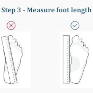 K&ouml;nnte beinhalten: Diagramm zur Messung der Fu&szlig;l&auml;nge f&uuml;r die Schuhgr&ouml;&szlig;e. Der Text lautet "Schritt 3 - Fu&szlig;l&auml;nge messen." Zwei Illustrationen zeigen die richtige und falsche Methode mit einem Lineal. Die korrekte Methode richtet das Lineal an der l&auml;ngsten Stelle des Fu&szlig;es aus.