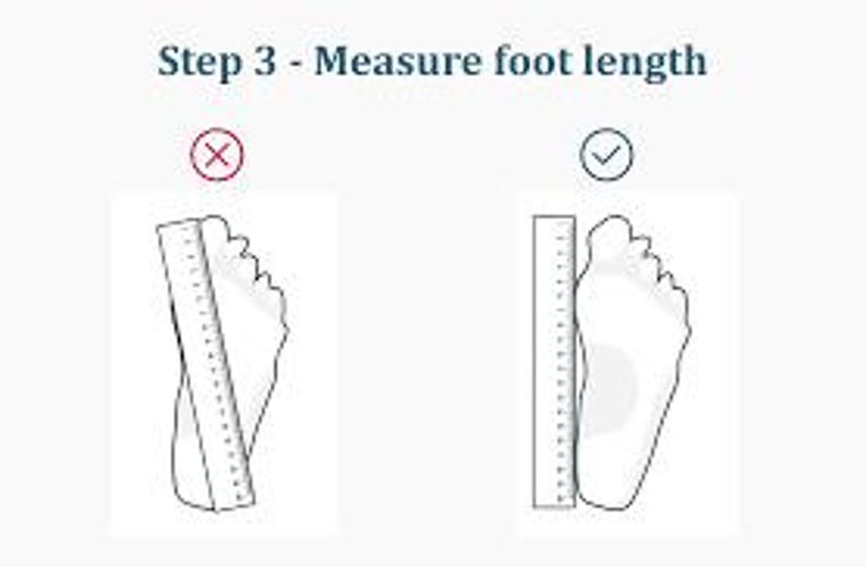 K&ouml;nnte beinhalten: Diagramm zur Messung der Fu&szlig;l&auml;nge f&uuml;r die Schuhgr&ouml;&szlig;e. Der Text lautet "Schritt 3 - Fu&szlig;l&auml;nge messen." Zwei Illustrationen zeigen die richtige und falsche Methode mit einem Lineal. Die korrekte Methode richtet das Lineal an der l&auml;ngsten Stelle des Fu&szlig;es aus.