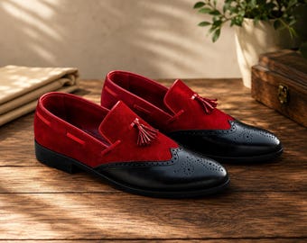Men's Red Velvet Tassel Loafers | Handmade Black Wingtip Dress Shoes | Formal Slip On Shoes | Groom Footwear