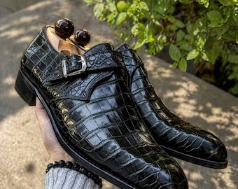 Handmade Black Patent Leather Monk Strap Shoes – Croc Embossed Oxford Style