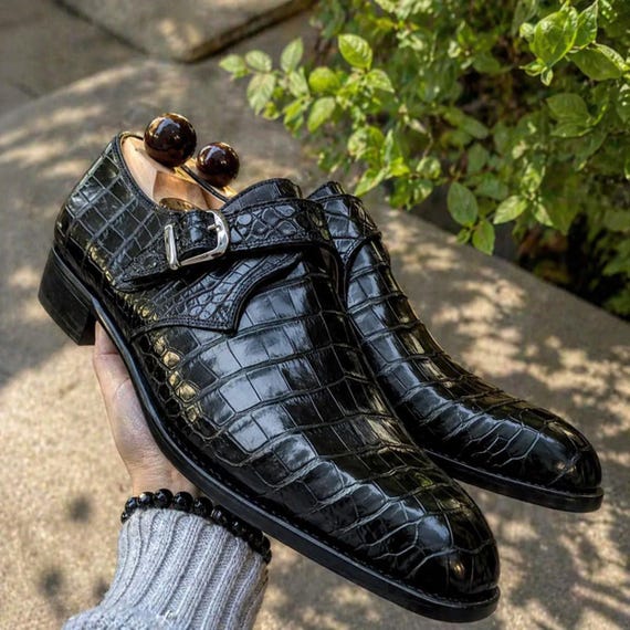 Handmade Black Patent Leather Monk Strap Shoes – Croc Embossed Oxford Style