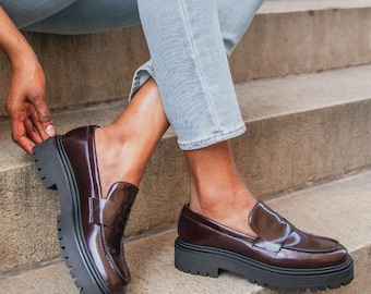 Burgundy Platform Loafers – Handmade Penny Style Smart Casual Shoes