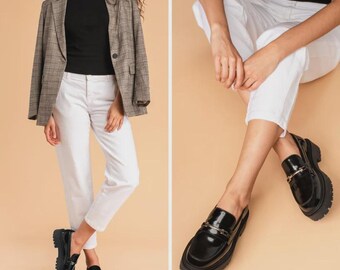 Black Leather Chunky Sole Loafers – Women's Slip-On Shoes, Handmade Formal Footwear