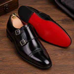 Men's Black Double Monk Strap Leather Dress Shoes | Red Sole Style