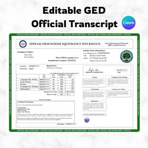 Modello di trascrizione GED modificabile su Canva / Rapporto del punteggio di equivalenza della scuola superiore / Modello ufficiale / Modello educativo stampabile