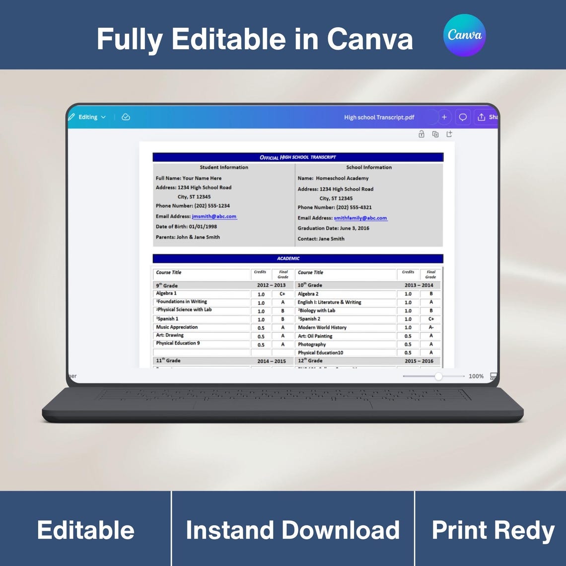 High School Transcript Template | Editable Word Canva (digital Download ...