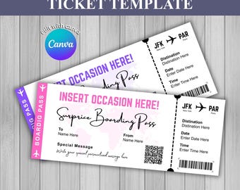 Editable Boarding Pass Template Canva, Surprise Trip Ticket, Honeymoon Boarding Pass, Birthday Boarding Pass, Editable Travel Gift