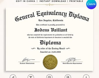 Editable GED Diploma Template Canva, High School Equivalency Certificate, Printable Diploma, Digital Download