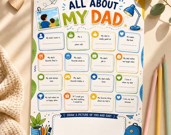 Cuestionario imprimible "Todo sobre mi papá", página para colorear del Día del Padre, hoja de trabajo para entrevistar a papá, regalo en PDF para niños para completar.