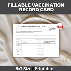 May include: A white 5x7 inch printable COVID-19 vaccination record card. The card includes fields for personal information, vaccine details, and healthcare professional information. The card has the CDC logo and the text "FILLABLE VACCINATION RECORD CARD".