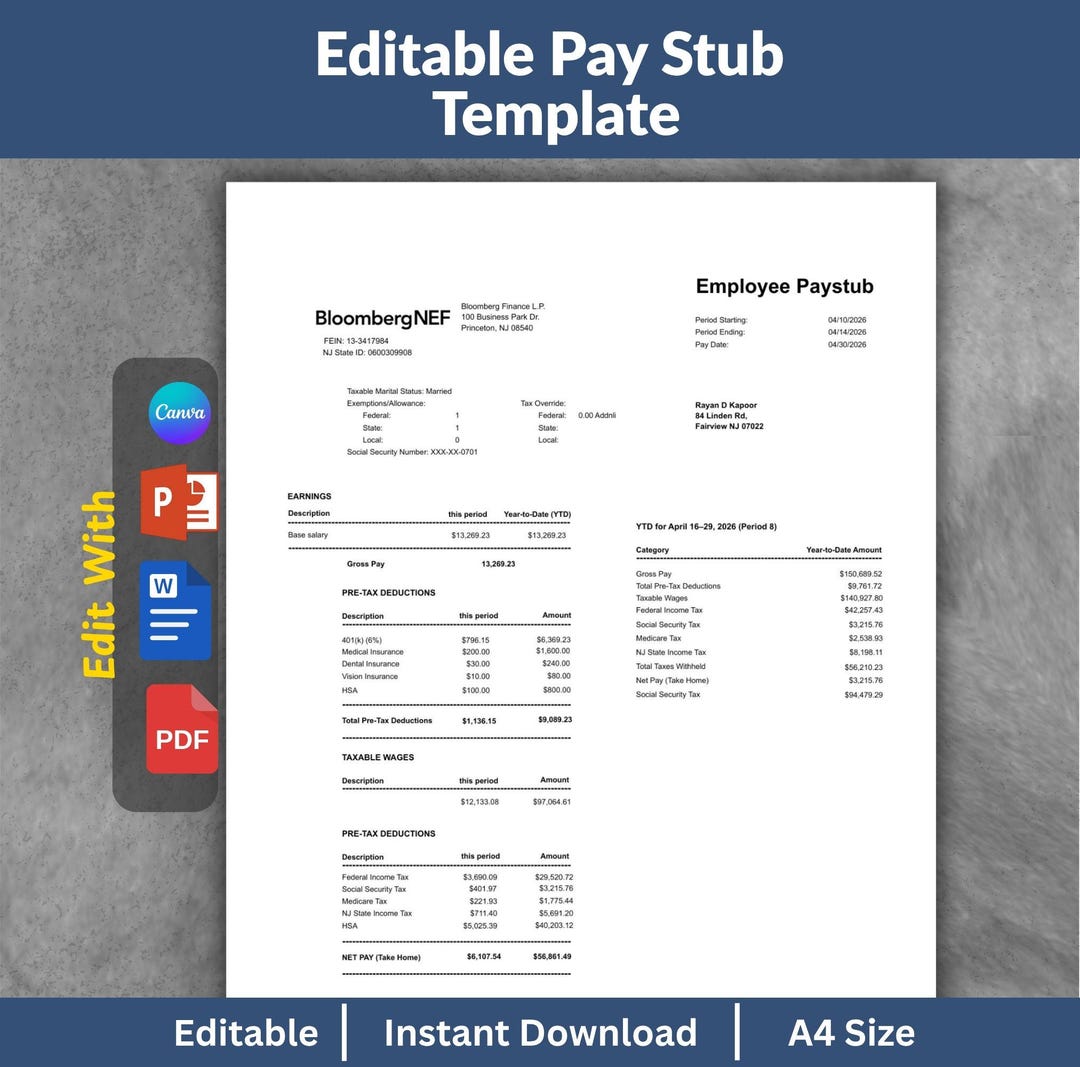 Editable Paystub Template.pdf Editable Pay Stub Template | Employee Paystub Form Canva Word PDF PPT ...