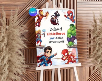 Superhero Birthday Welcome Sign Canva Template, Kids Birthday Party Welcome Board, Editable Superhero Poster, Digital Party Sign