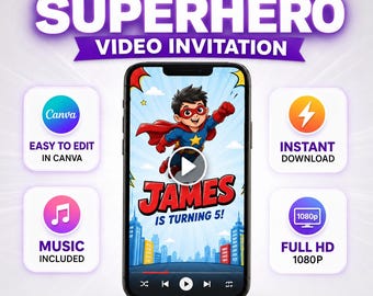 Editable Superhero Birthday Video Invite Template, Animated Canva Invite, Kids Birthday Party Video Invitation, Superhero Theme