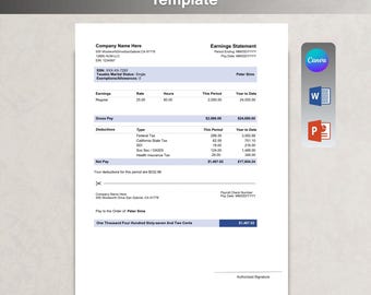 Editable Pay Stub Template USA | Payroll Check Stub Canva | Employee Earnings Statement | Instant Download
