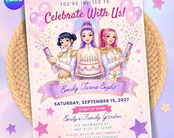 Kpop Demon Hunters Birthday Invitation Template | Canva Editable Invite Pink Anime Party | Kpop Anime Invite | Kpop party decor