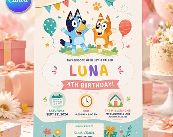 Bluey Birthday Invitation Editable Canva Template, Blue Dog Birthday Invite, Kids Party Invitation, Instant Download, Printable