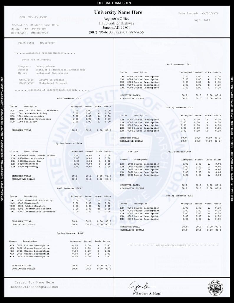 Editable University Transcript | College Transcript | Academic ...