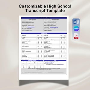 Peut inclure: Un modèle de relevé de notes de lycée personnalisable avec le texte "Customizable High School Transcript Template". Le document comprend des sections pour les informations sur l'élève et l'école, et un relevé de notes. Des icônes pour Word, Canva et PDF sont à droite.