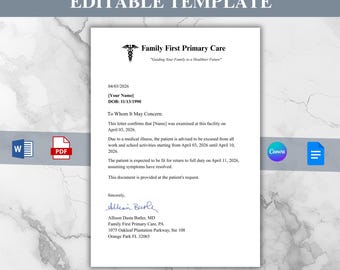Urgent Doctor Excuse Note Template Editable | Work & School Absence Letter | Sick Note Printable A4 | Canva | Word | Google Docs | PDF
