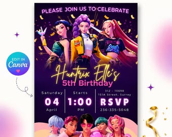 K-Pop Demon Hunters Birthday Invitation Template, Editable Girls Kids Kpop Party Invite, Huntrix Birthday Invitation, Digital Download