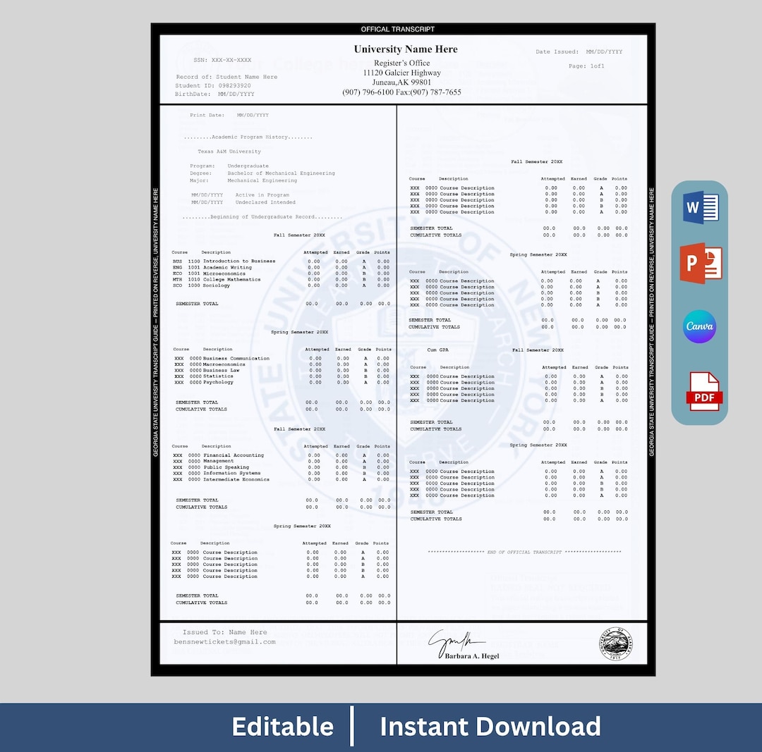 Editable University Transcript | College Transcript | Academic ...