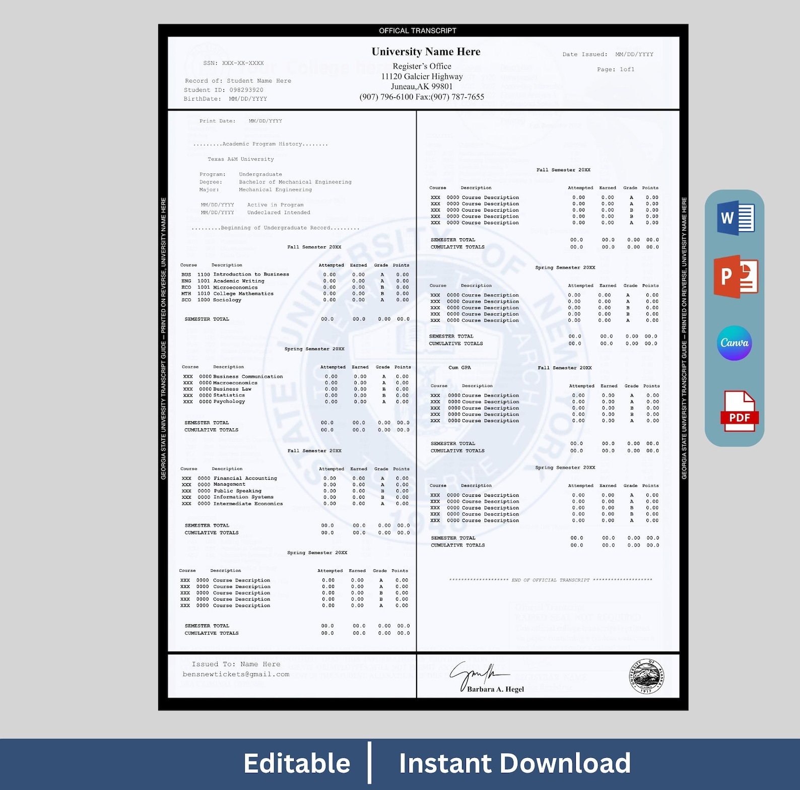 Editable University Transcript | College Transcript | Academic ...
