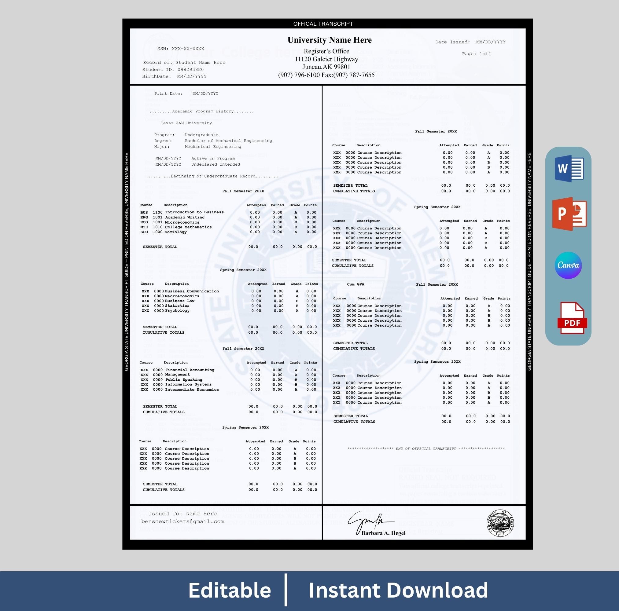 Editable University Transcript | College Transcript | Academic ...