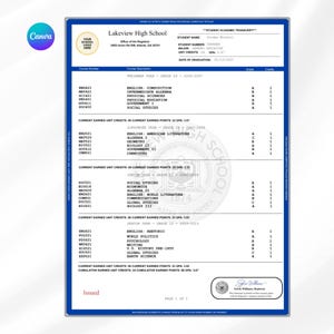 May include: A white Lakeview High School student academic transcript document with blue borders. It lists student information, course numbers, descriptions, grades, and credits for freshman through senior years, ending with a registrar signature.