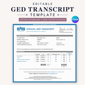 GED Transcript Template Editable in Canva | High School Equivalency Diploma Record | Printable Academic Transcript | Instant Download