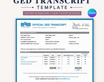 GED Transcript Template Editable in Canva | High School Equivalency Diploma Record | Printable Academic Transcript | Instant Download