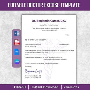 Pode incluir: Modelo de atestado médico editável com cabeçalho e rodapé roxos. O documento inclui campos para o nome do médico, informações do consultório e detalhes do paciente. Ícones do Word, PDF e Canva à esquerda.