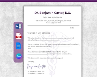 Doctor Note Template, Medical Certificate Template, Editable Work Excuse Note , Urgent Care Note, School Absence Note, Hospital Excuse Form