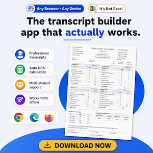 May include: A digital graphic promoting a transcript builder app. The image features a mock high school transcript, icons for professional transcripts, auto GPA calculation, multi-student support, and offline functionality. The text reads "The transcript builder app that actually works."