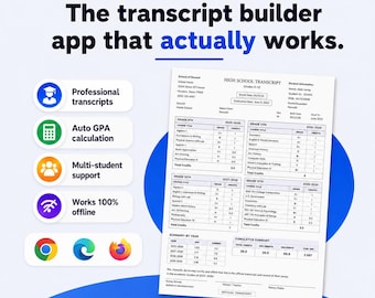 High school Transcript Builder | Editable Digital Transcript Generator | Automatic GPA Calculator | Custom Watermark & Signatures