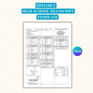 May include: An editable high school transcript template document featuring a structured grid layout with columns for course titles, grades, and credits, including a credit summary section and a Canva logo in the bottom right corner.