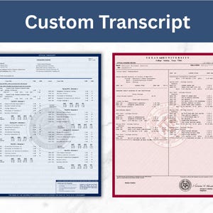 May include: Two official academic transcripts displayed side-by-side. The left document is blue with South Dakota State University text, and the right document is red with Texas A&M University text, both featuring detailed course lists and grades.