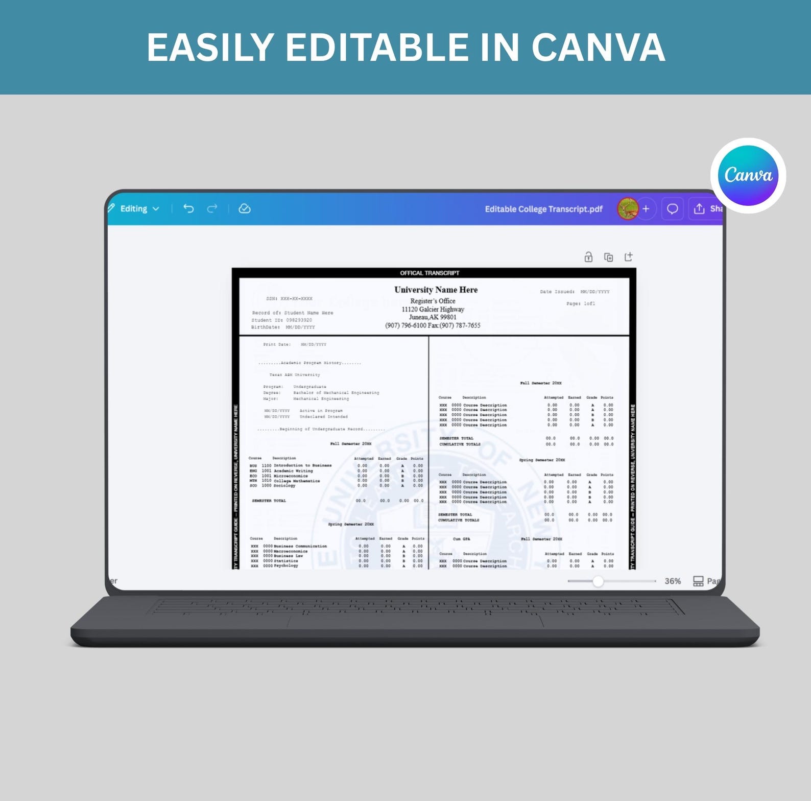 Editable University Transcript | College Transcript | Academic ...