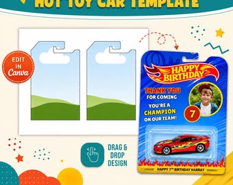 Editable Birthday Toy Car Packaging Template, Car Birthday Favor Card, Custom DIY Party Favor Canva Template