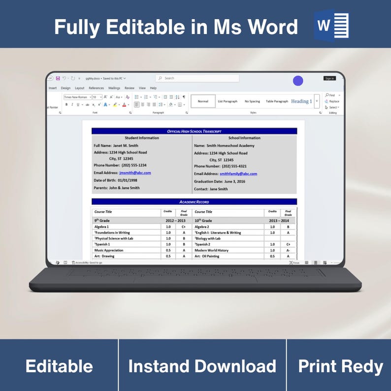 High School Transcript Template | Editable Word Canva (digital Download ...