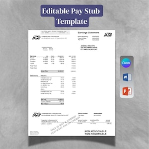 May include: A pay stub template with the text "Editable Pay Stub Template" at the top. The document includes earnings, deductions, and gross pay details. The template also features the ADP logo and a Canva, Word, and PowerPoint icon.