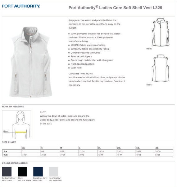 Port Authority J317 Size Chart