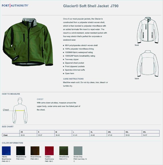 Port Authority Glacier Soft Shell Jacket Size Chart