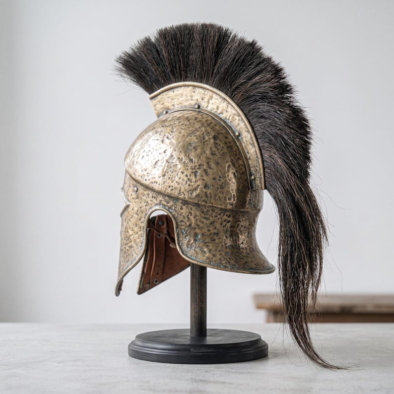 Puede incluir: Un casco de metal en tono bronce con textura martillada y una cresta alta de crin de caballo negra. El casco est&aacute; montado sobre un soporte de madera oscura con base circular, mostrando correas de cuero interiores y remaches met&aacute;licos.