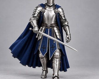 Middeleeuws ridderharnas, handgemaakte replica in Tempeliersstijl, gevechtsklaar, met blauwe cape en zilveren plaat.