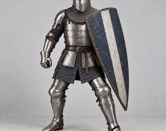 Grote helm, kruisvaarderspantser, zilveren maliënkolder, ridderpak met blauw schild, handgemaakte gevechtsklare replica.