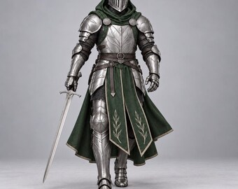 Groene ridderpantser, zilveren middeleeuws plaatpantser met bosmantel, handgemaakte gevechtsklare replica.