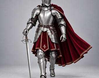 Middeleeuwse ridderpantser met rode cape, verzilverd harnas met heraldische tabberd, handgemaakte replica van een gevechtsklaar pak.