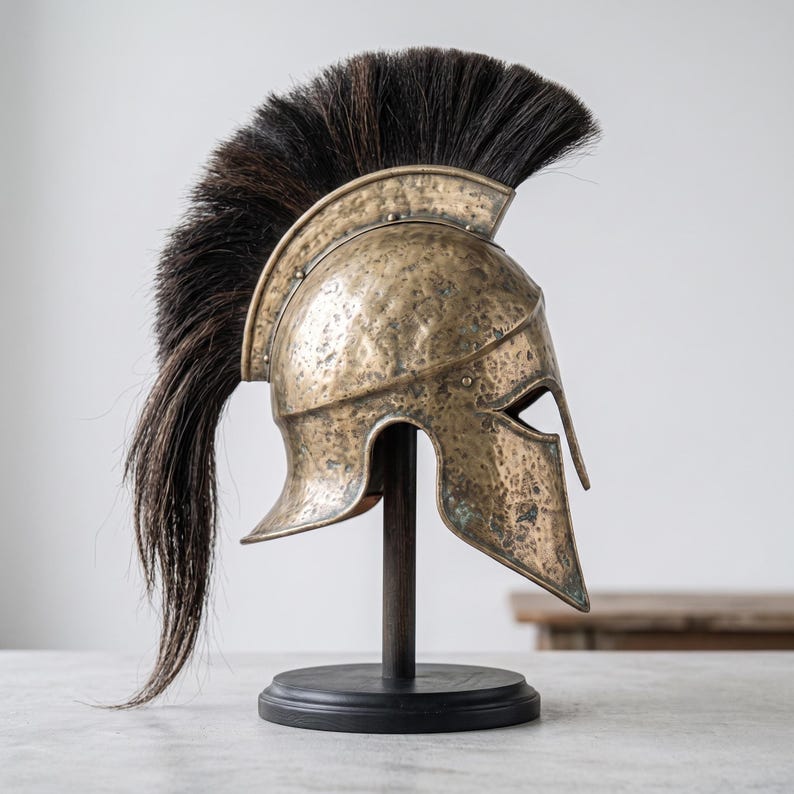 Puede incluir: Un casco de estilo corintio fabricado en lat&oacute;n martillado con una p&aacute;tina envejecida y desgastada. El casco presenta una cresta alta y prominente hecha de crin de caballo de color marr&oacute;n oscuro que se extiende desde la coronilla hasta la nuca.