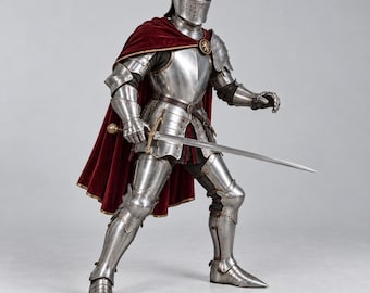 Bordeauxrode cape, ridderharnas in middeleeuwse stijl, zilveren plaatpantser, handgemaakte replica van een gevechtsklaar pak.